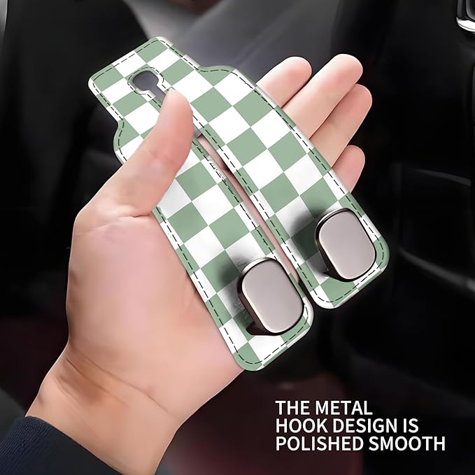 Car Seat Headrest Hook, Universal Leather Cute Hanger Holder Hook, Storage Organizer Interior Accessories for Purse Bags Handbag Green Plaid