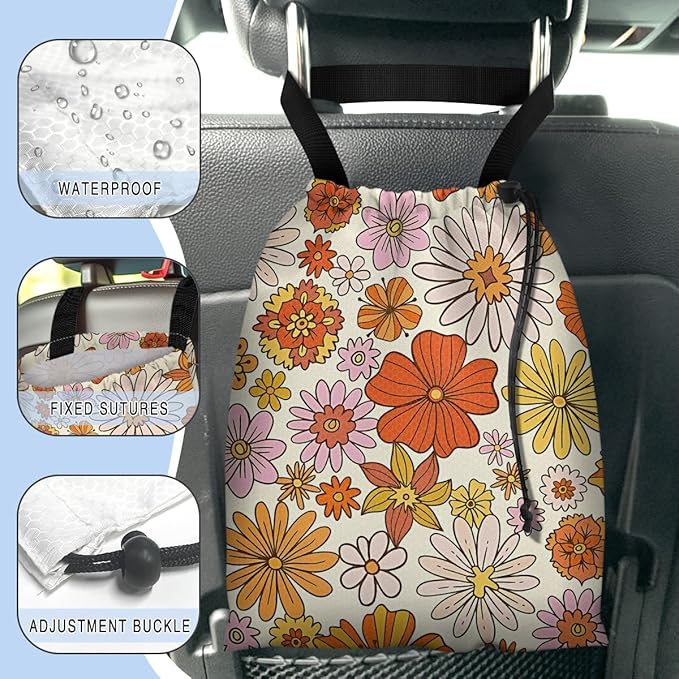 Car Trash Bag Hanging Back of Seat Waterproof Small Cute Printed One-Handed Strap Drawstring Garbage Bags for Car-Colorful Flower