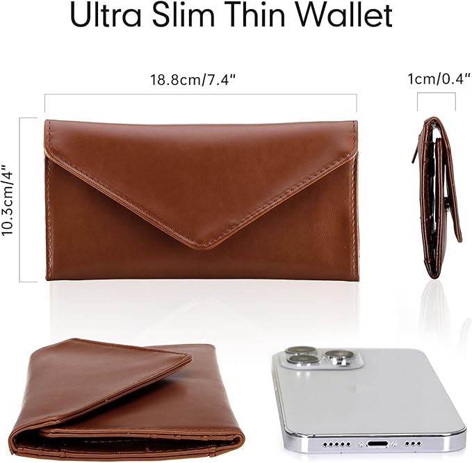 Leather Cash Envelope Wallet, RFID Blocking Card Organizer for Women, Reusable Coin Pouch, Coffee Brown