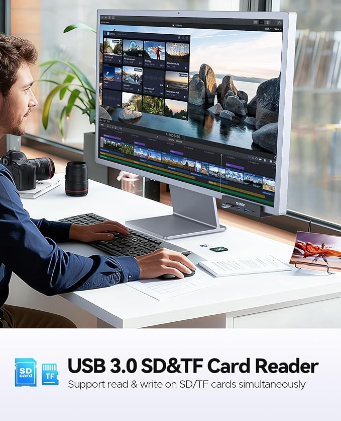 ORICO USB Hub 3.2, USB-Hub Clamp with Type-C PD 60W Port, 10Gbps Aluminum 6-Port USB Extender with 2 USB-A 3.2 Ports, USB-C 3.2, SD/TF Card Reader 3.0, AUX, USB-3.2 Splitter for Monitor, Desk