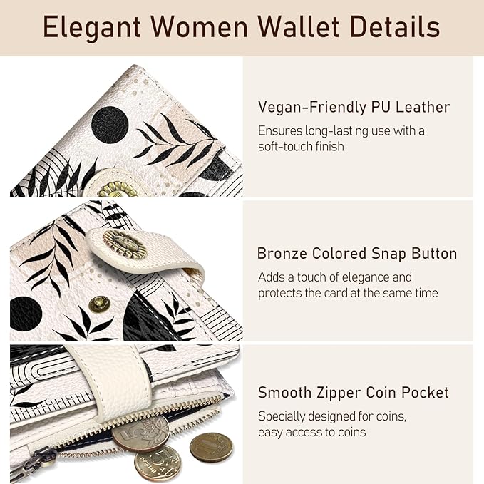 Kelvoris Boho Abstract Art Aesthetic Small Rfid Women Wallet Bifold Zipper Coin Pocket PU Leather Compact Cash Travel Credit Card Holder for Female Ladies Teen Girls 1 ID Window 10 Card Slots