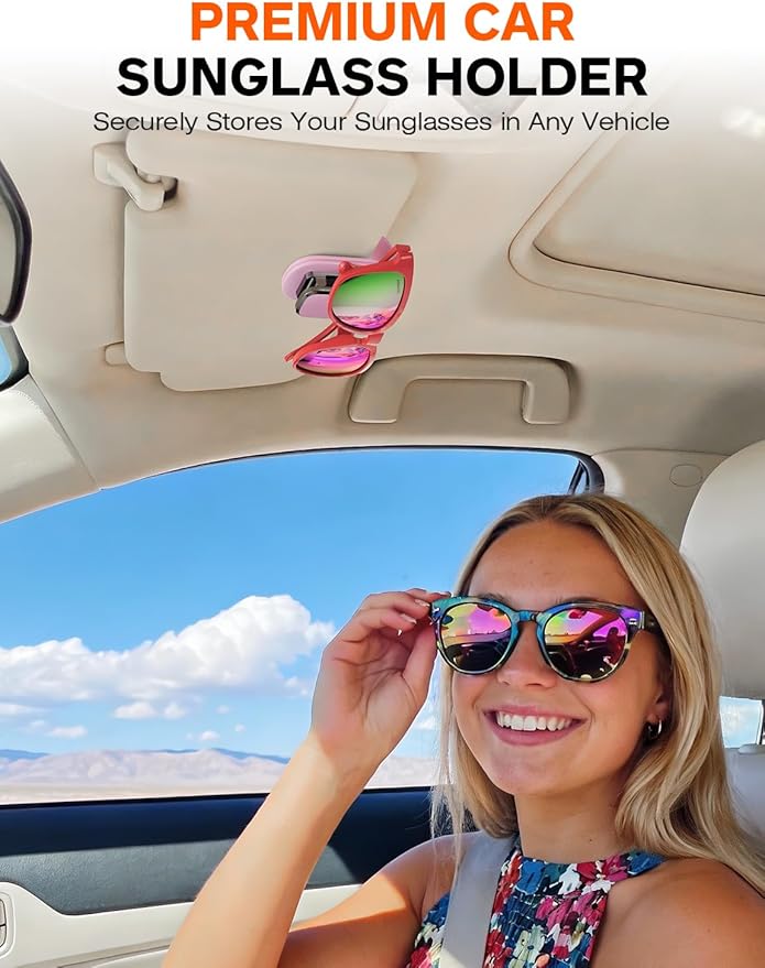 Sunglass Holder for Car Visor, One-Handed Operation Leather Sunglasses Clip with Soft Padding, Auto-Clamping Eyeglasses Organizer for Sun Visor, Universal Car Accessories (Pink)