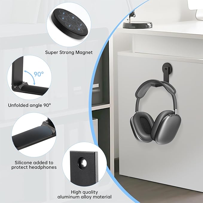 Magnetic Headphone Holder, Headphone Hanger for Desk & Table, 1PCS Aluminum Headset Hooks, Headphone Mount Stand with Rubber Pad, Compatible with All Computer/Gaming Headsets