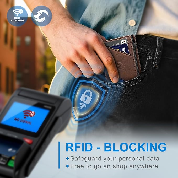 Wallet for Men, Slim Pop Up Card Holder with RFID Blocking, Minimalist Bifold Wallet with 9 Card Slots, ID Window and Cash Pocket, Metal Flip Case with Magnetic Closure, Gift Box
