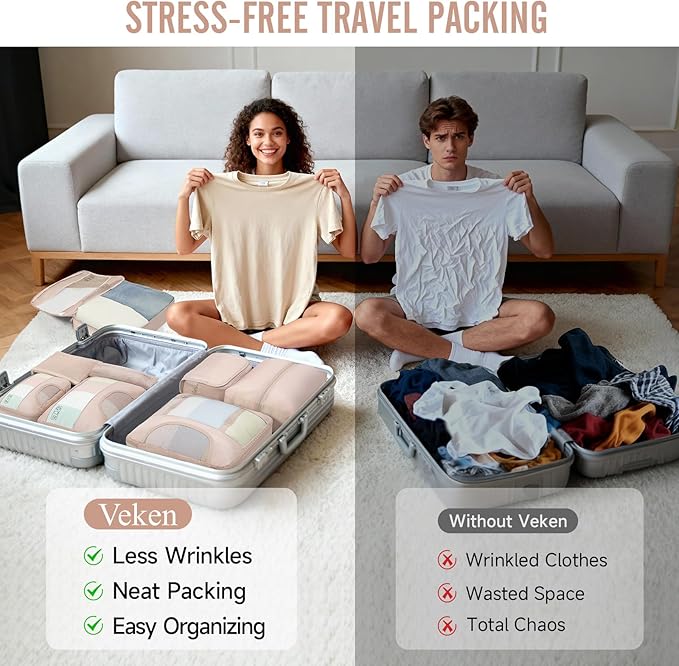 Veken 10 Set Packing Cubes for Travel, Beach Vacation Essentials Accessories for Cruise Ship, Suitcase Organizer Bags for Luggage with Hanging Toiletry & Shoe Bag, Birthday Gifts for Women Mom Her