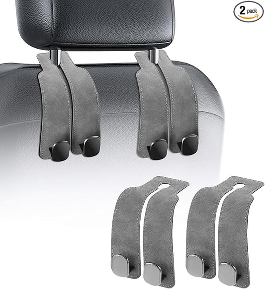 TwinHook Leather Car Headrest Hangers, Car Headrest Hooks for Purse and Bags, 2-in-1 Leather Car Seat Back Storage Hook, Anti-Slip Purse Holder for Car, Supports Up to 50 lbs (Gray-2 Pack)