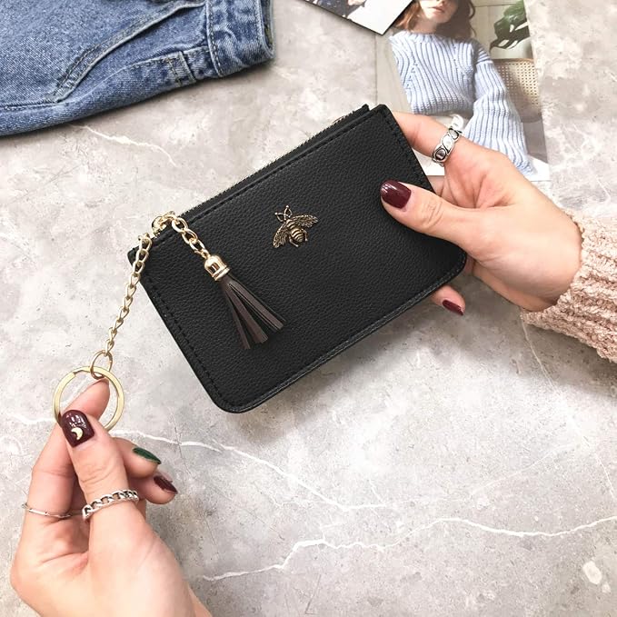 Coin Purse Change Wallet Pouch Leather Card Holder with Key Chain Tassel Zip(Black)