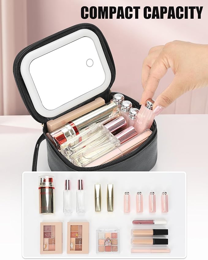 Relavel Mini Makeup Bag with Led Mirror, Initial Cosmetic Bags for Women, Travel Make Up Pouch with 3 Light Modes, Personalized Gifts for 11 12 13 14 15 16 17 18 Years Old Girl - Black V