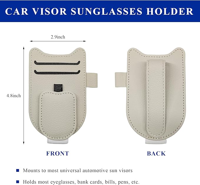 Sunglasses Holder for Car Visor, Magnetic Auto Sun Visor Organizer with Ticket & Pen Clip, Multi-Pocket Leather Eyeglass Clip Interior Accessories for Most Vehicles (Beige)