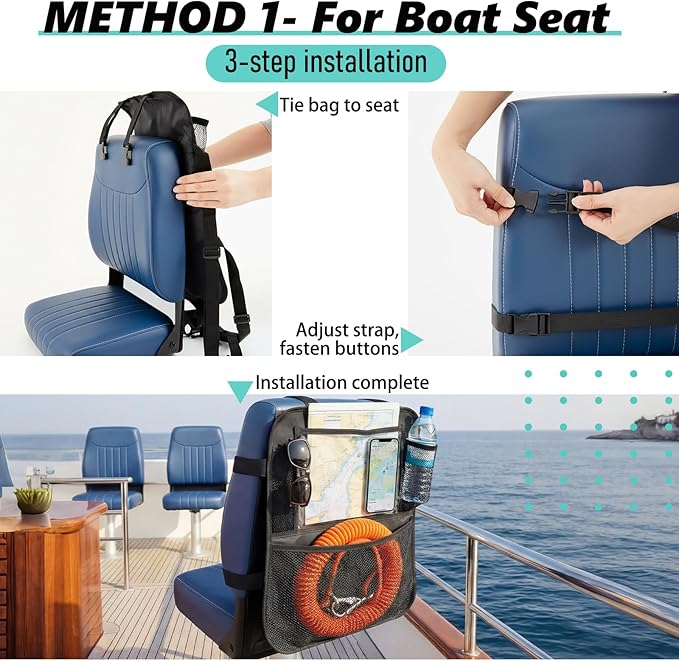 Boat Seat Organizer, Waterproof Marine Storage Bag with Mesh Pockets, Large Capacity Backseat Storage for Boat Accessories, Fishing Gear, Tools