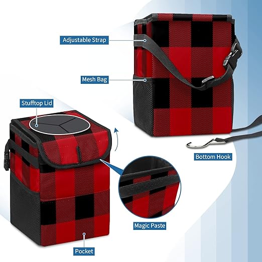 Car Trash Can Black Red Big Buffalo Plaid Classic Auto Garbage Bag Car Trash Can with Lid Leak-Proof Car Storage Bag Garbage Bag Hanging for Headrest Portable Car Backseat Organizer