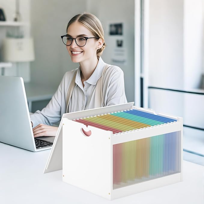 Hanging File Box Organizer for Letter Size, Bamboo Acrylic File Folder Storage with Lid Clear Moving Boxes Wooden with Handle Desktop Wood Filing Holder for Office Banker Document White 1 Pack
