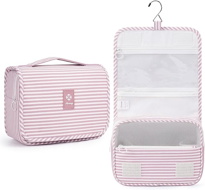 Narwey Small Hanging Toiletry Bag for Travel Women Girl, Striped Toiletries Travel Bag with Hook, Hanging Makeup Bag Organizer Make Up Cosmetic Bags, Gifts for Kids Teen (Dusty Pink Stripe)