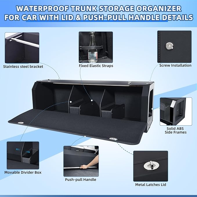 Car Trunk Organizer, Waterproof SUV Organizer Trunk Storage with Lid & Handle, Extra Large Leather Callapsible Cargo Organizers, Durable Car Storage Box for Ford Jeep (40.5''*11.4''*12.2'')