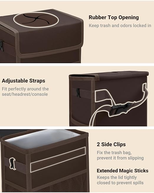 Capolo Car Trash Can with Lid, Leakproof Car Trash Bag Hanging Waterproof Automotive Garbage Can with Storage Pockets Mini Vehicle Trash Bin for Back/Front Seat(Brown,2.5 Gallon)