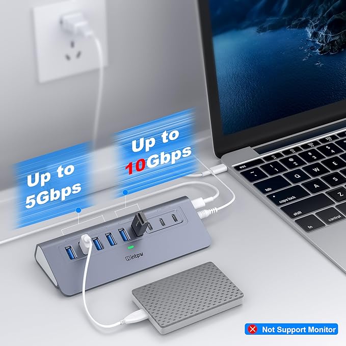 Powered USB Hub 10Gbps, intpw YH6AC 9-Port USB Splitter with USB A/USB C 3.2, 4 USB 3.0, 2 PD 45W Charging Ports, 65W Power Adapter + 3.3FT Cable, Aluminum USB Extender Hub for Laptop, PC,iPhone 17/16