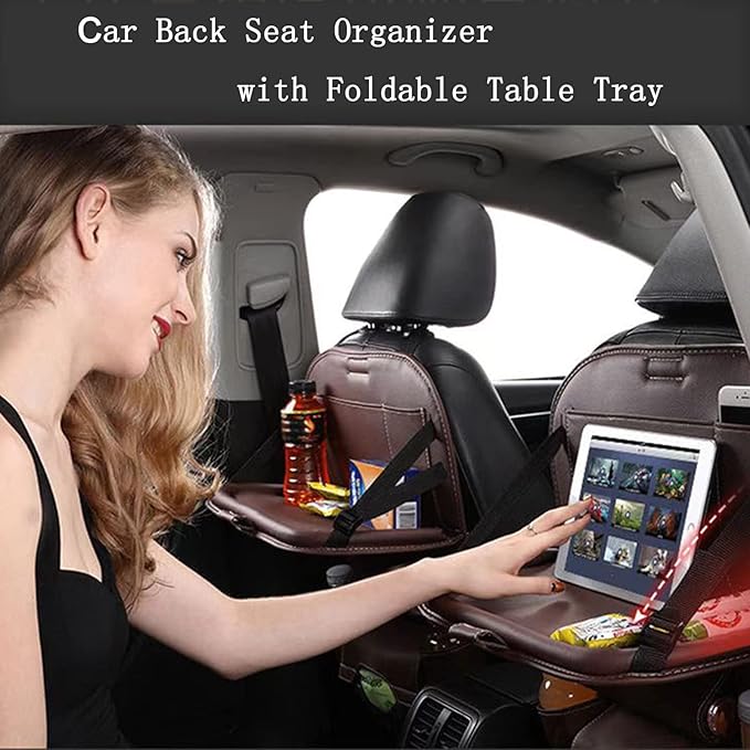 Premium PU Leather Backseat Seat Organizer with Foldable Table, Multi-Storage Pockets and Adjustable Buckle Strap - Beige