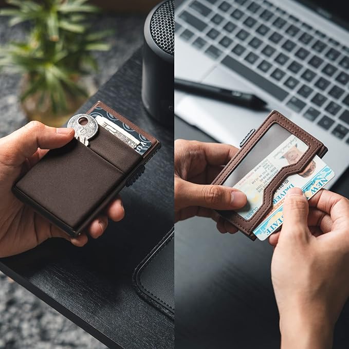 VULKIT Minimalist Wallet with ID Window & EDC Pocket Pop Up Card Holder RFID Blocking Slim Wallet Design for Airtag Cash Coins & Credit Cards