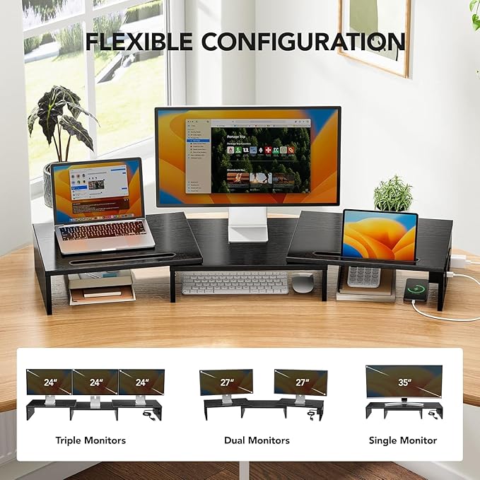 HUANUO Dual Monitor Stand -Monitor Stand with USB ports ,Adjustable Length and Angle, Dual monitor riser w/ Desktop Socket, Monitor Stand Riser for PC, Computer, Laptop (Black)
