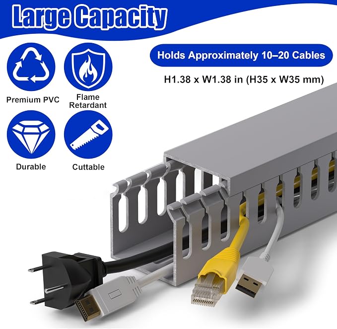 ZhiYo H1.4in W1.4in Professional Server Rack Cable Management Raceway, 132in (8 x L16.5in) Cable Raceway Kit, Electrically Safe PVC Open Slot Wire Raceway for Under Desk/Computer/Network Cords, Grey