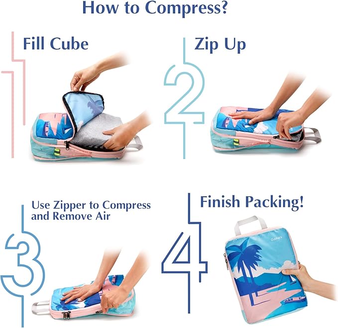 Gonex Compression Packing Cubes, 4pcs Expandable Storage Travel Luggage Bags Organizers, Travel Cubes for Suitcase Carry On (Coconut Palm)