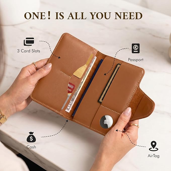 ALLIVE RFID Blocking Passport Holder for Travel Essentials, Genuine Leather Passport Wallet with Built-in AirTag Slot, Magnetic Closure Passport Cover Case for Women and Men, Travel Gifts (Caramel)