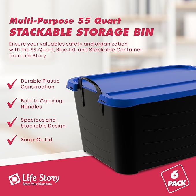 Life Story 6 Pack Heavy Duty Stackable Storage Bin, 55 Quart Home Organizer, Versatile Lightweight Locking Bins with Carrying Handles, Black/Blue