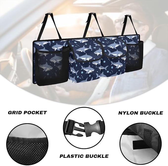 Shark Car Trunk Organizer Storage - Collapsible Pocket Automotive Expandable Sturdy Straps Folding Cargo Store for Auto Backseat