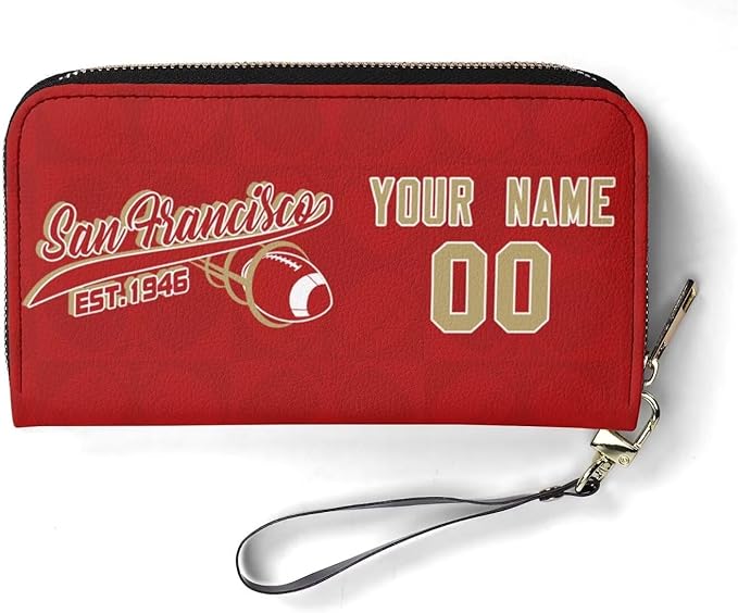 Custom Sports Team Zip Organizer Wallet-Personalized PU Leather Wallet with Name Number,Multi-Card Slots,Wrist Strap,Fan Gift for Men Women.