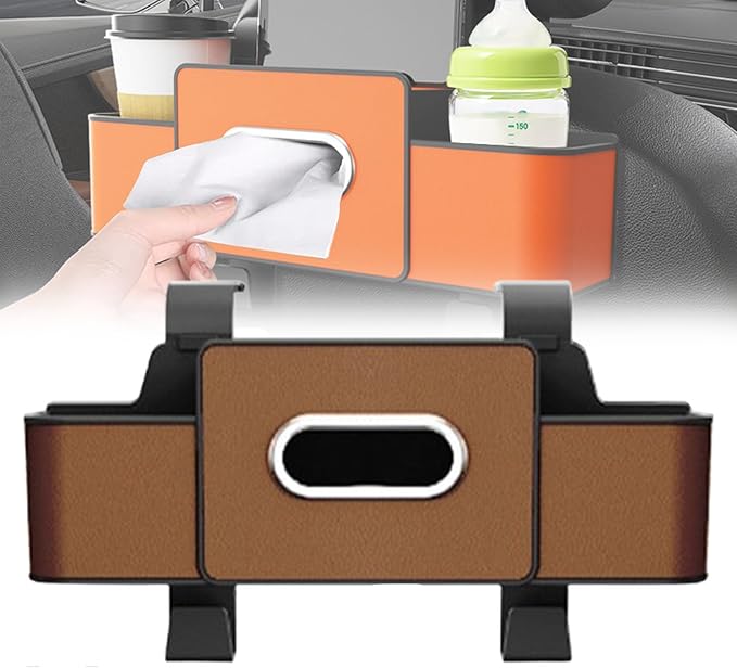 Car Organizer and Storage Box Back Seat, Car Organizer and Storage Box, 3-in-1 Car Seat Back Storage Box, with 2 Cup Holders, Tissue Box and Hooks, Smart Over-Seat CarOrganizer (1, Brown)