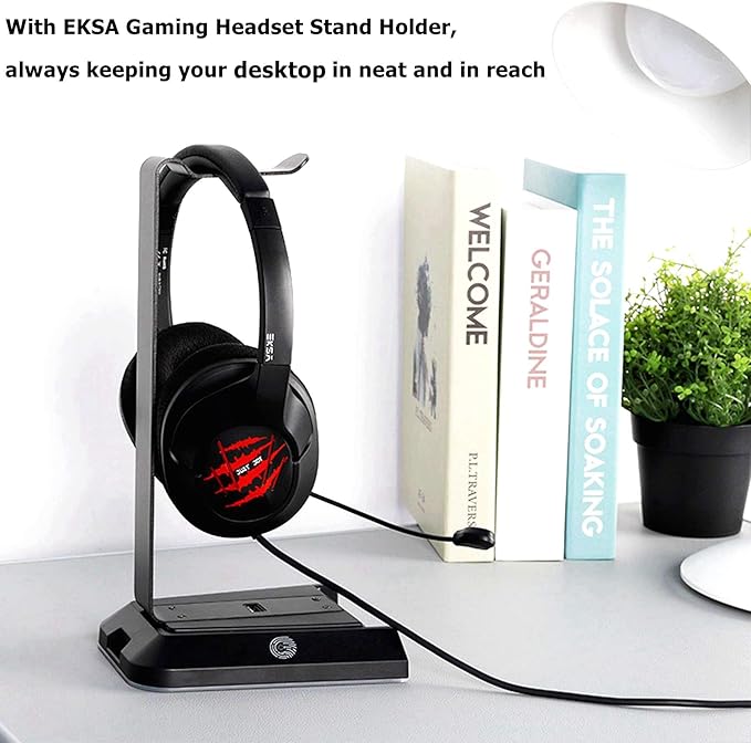 EKSA Headphone Stand, RGB Gaming Headset Stand for Desk with 7.1 Surround Sound, Headphone Holder with 3.5mm Aux and 2 USB Ports, Aluminum PC Gamer Headset Accessories for All Headphones Size