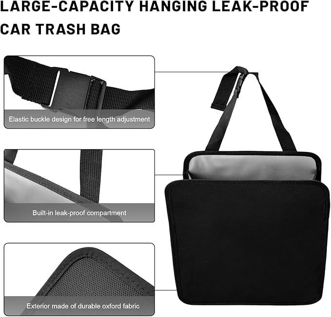 Sun Walker 2 Gallon Open-Top Car Trash Can, Waterproof Hanging Stand Trash Bag Back Seat Organizer with Adjustable Strap, Foldable Storage Container Garbage Bag for SUV Truck RV (Small)