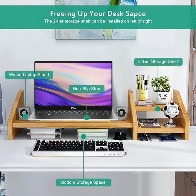 Ufine Bamboo Laptop Stand for Desk 3 Heights Adjustable Notebook Stand Computer Monitor Riser with 2 Tier Storage Shelf, Desktop Organizer Printer Stand for Home Office