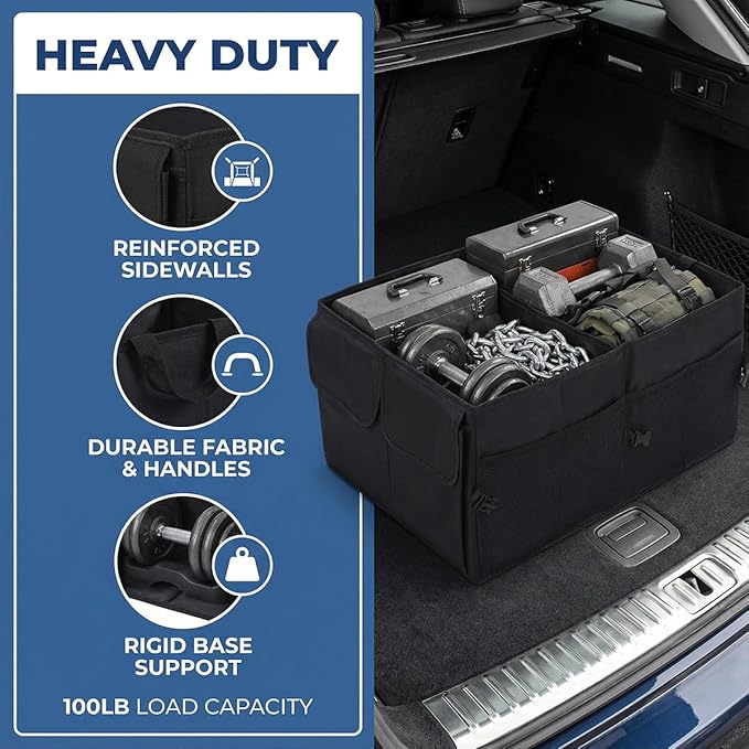 HZEL Car Trunk Organizer, Foldable Large Capacity Vehicle Backseat Cargo Net Storage Container with Handle, Collapsible Waterproof Automotive Trunk Storage Organizer, Universal for Vehicles