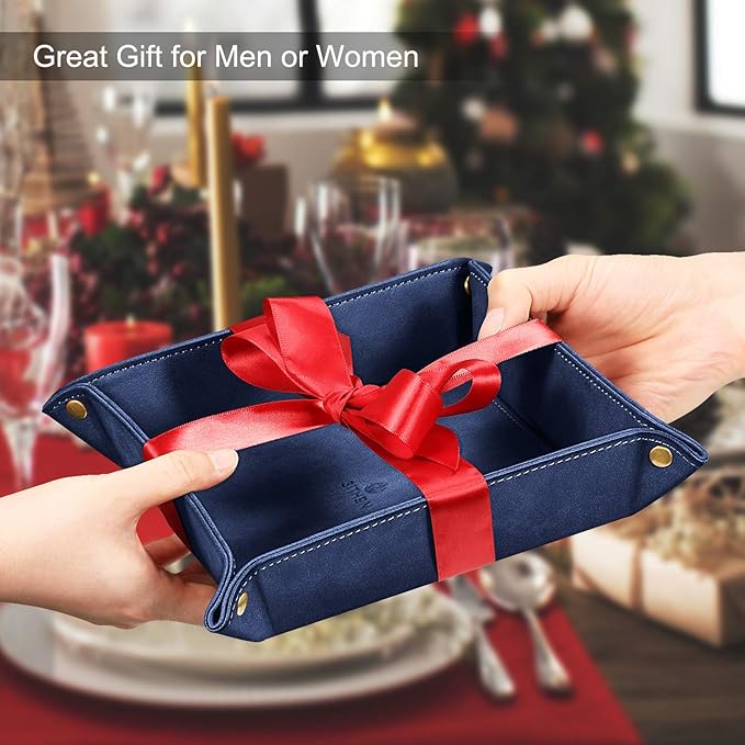SITHON Valet Tray Desktop Storage Organizer – Premium PU Leather Catchall Bedside Vanity Tray Nightstand Caddy Holder for Keys, Phone, Wallet, Valentine's Day Gift, Dark Blue