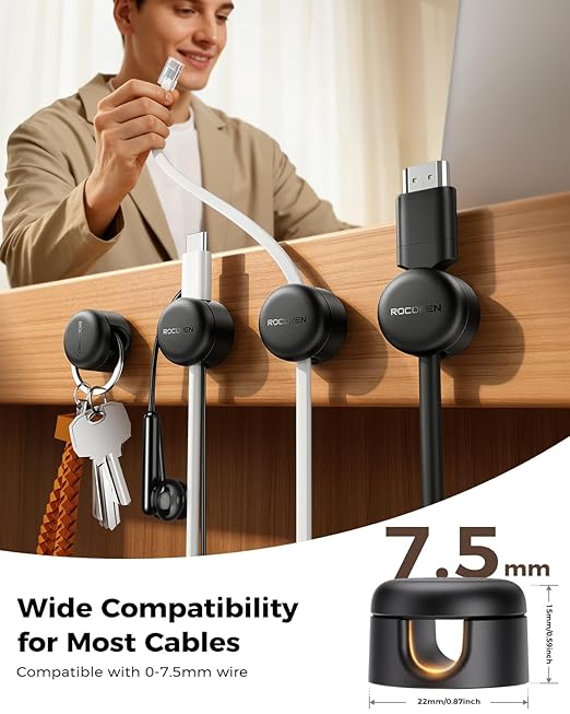 9-Pack Cable Clips [Upgraded],Rocoren Magnetic 360° Rotatable Cord Holder, Adhesive Cable Management Organizer,Wire Keeper for Nightstand Desk Car Phone Wall Home Office Accessories
