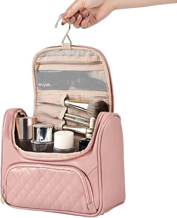 Greenfeather Cosmetic Bags for Women，Hanging Toiletry Bag with Makeup Brush Womens Travel Toiletry Bag for Women Essentials Travel Organizer for Full Sized Cosmetics and Toiletries Pink