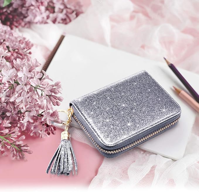 Coco Rossi Women's Small Credit Card Wallet RFID Cute Glitter Card Holder for Women, Grey
