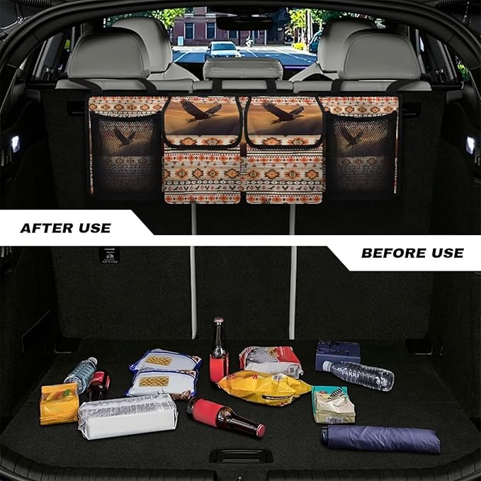 Hanging Trunk Organizer Aztec Eagle Car Back Seat Storage with 4 Large Pockets Foldable Automotive Interior Accessories for Sedans MPV SUV Jeep Trucks Van