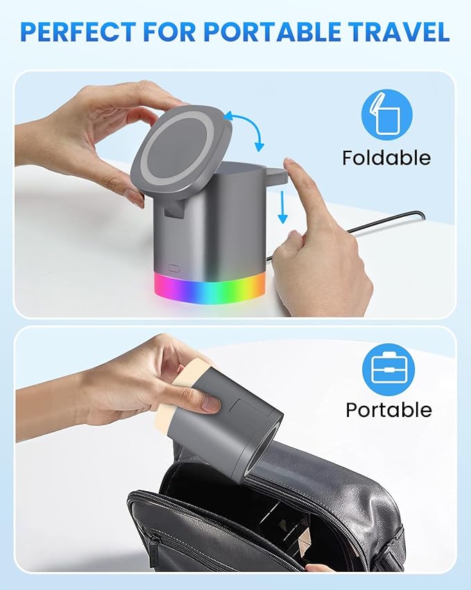 JoyGeek 3-in-1 Charger Stand for Magsafe: Foldable Wireless Charging Station with Night Lights - Magnetic Charger Dock for iPhone 15/14/13/12 Pro/Max/Plus, AirPods, Apple Watch 2-9 (Light Grey)