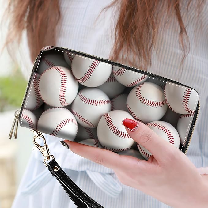 Women's Large Capacity Wallet PU Leather Double Zipper Clutch Purse Multifunctional Wallet with Removable Wristlet Strap for Smart Phone/Coin/Card/Cash, Baseballs