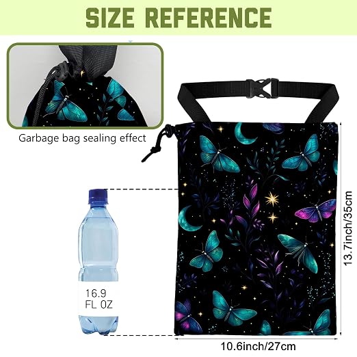 Car Garbage Bag Blue Purple Butterfly and Moon Hanging Canvas Car Trash Bag Waterproof Drawstring Car Back Seat Organizer for Car Back Front Seat Console with Adjustable Buckle