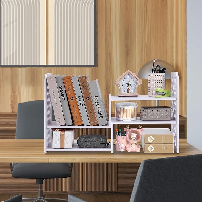 Felmis Desktop Organizers Shelves for Office Desk, Small Bookshelf for Desktop Storage, PVC Adjustable Display Shelf, Makeup Shelf for Dorm, Home Decor