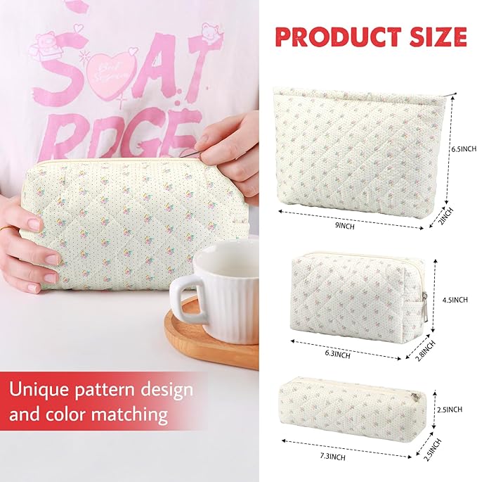 3 Pcs Makeup Bag Cosmetic Bag Set for Girls Women Checkered Travel Organizer Bathroom Toiletry Pouch Large Capacity Storage Bag(Small Flower Blue)