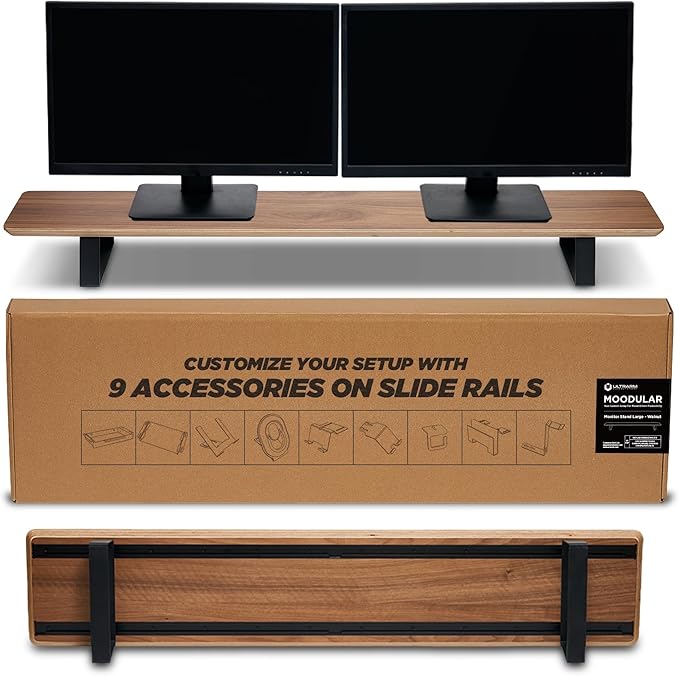ULTRARM Moodular Wooden Monitor Stand 45.6??(116cm) Large Desk Organizer with Metal Slide Rails for Drawer, Tray, Laptop, Tablet, Phone & Headphones Customizable Riser for Organized Workspace Walnut