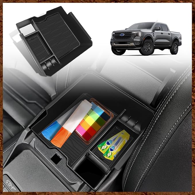 Muslogy Center Console Organizer Compatible with Ford Ranger XL XLT Lariat 2024 2025 2026 & Raptor Accessories Middle Console Storage Box Insert Tray ABS Material Divider with Insert Mats (Black)