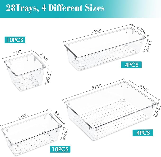 StorMiracle 28 PCS Clear Plastic Drawer Organizers Set, 4 Size Desk Drawer Organizer Trays for Makeup, Jewelry, Kitchen Utensils, Gadgets and Office Accessories