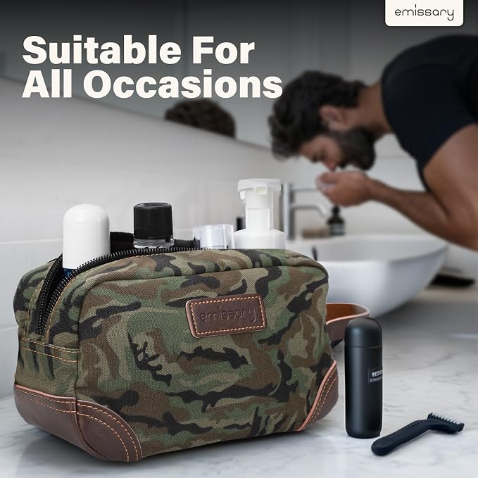 emissary Men's Canvas Travel Toiletry Bag, Leather Dopp Kit - Camo Green | Durable canvas & PU leather, water-resistant lining, side handle; roomy men's Dopp kit for travel & gym