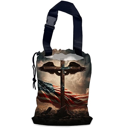 Cross with Wings Car Trash Bag,American Flag Hanging Drawstring Car Garbage Bag,Waterproof Canvas Car Back Seat Organizer with Adjustable Buckle,for Vehicles,SUVs,Camping,Road Trips