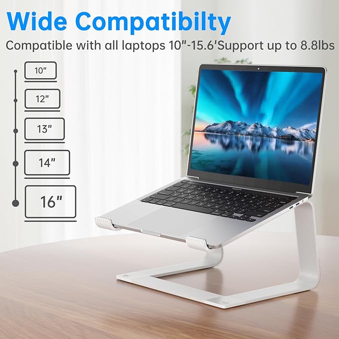 GleYo Laptop Stand for Desk Portable Computer Riser Metal Notebook Holder Printer Stand Office Desk Accessories Compatible with MacBook Air, Pro, Dell, HP, Lenovo and All 10-16" Laptops, Silver